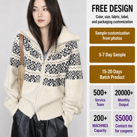 Pull en tricot de Noël pour femmes, cardigan jacquard Fair Isle, col roulé entièrement zippé, hiver, fabrication OEM personnalisée, vente en gros