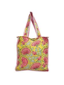 Yellow Floral Cotton Shoulder <b>Bag</b> With Pink Piping | High Quality Hand Block Print Small Tote <b>Bag</b> Zipper Handmade Masterpiece - Product Image 4