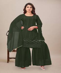 NUEVA COLECCIÓN: Conjunto de Top y Sharara con Lentejuelas y Dupatta, Ropa Festiva, Precio al por Mayor, Prenda Étnica, Tejido de Algodón Verde - Product Image 3