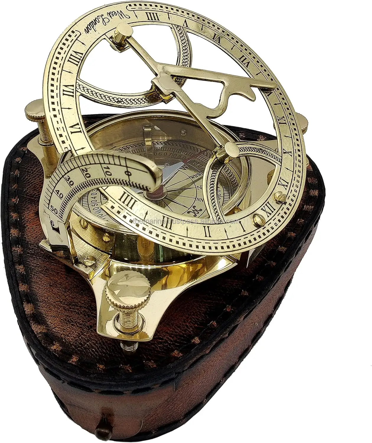航海真鍮4インチ西ロンドン日時計コンパス手作りローズウッドアンカー象眼細工三角革ケース海事ギフト