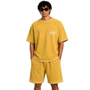 Mustard Yellow Mens Oversized T Shirt And Shorts <b>Set</b> White Contrast Piping Custom Logo Crew Neck Casual Streetwear Wholesale - Product Image 1