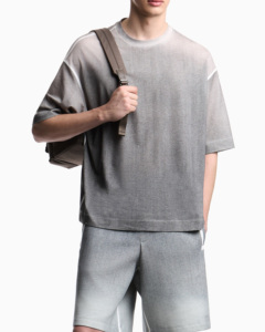 T-shirt à manches courtes pour homme, coupe ample, dégradé de couleurs, tricoté, respirant, col rond, design uni, gris - Product Image 1