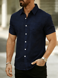 Men's Navy Blue Short Sleeve Cotton Shirt Solid Casual Button Down Woven Fabric Summer Style Summer Woven Fabric Button Collar - Product Image 4