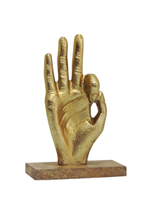 Escultura Moderna de Mano en Aluminio Dorado, Estatua de Vitarka Mudra para Decoración del Hogar, Oficina, Escritorio y Sala de Estar, Figura sobre Base de Madera - Product Image 3