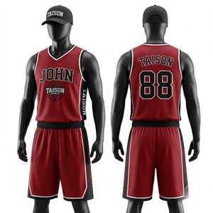 Uniforme de basket-ball en maille polyester premium 180 GSM, rouge, noir, blanc, panneau latéral, logo personnalisé par sublimation - Product Image 1