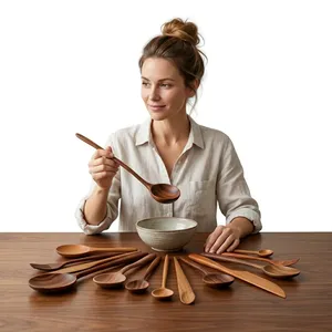 Wooden Spoon Fork Knife Classic Design Bold End Handle Eco-Friendly Durable Spatula Strainer Ladle Set - Product Image 3