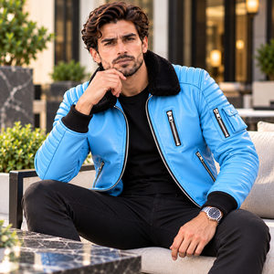 Chaqueta de Cuero Azul Cielo para Hombre, Estilo Motero, con Cuello de Piel Negra y Puños Acanalados, Ropa Exterior Moderna de Estilo Urbano - Product Image 5