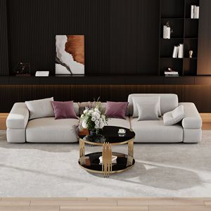 Modern Asymmetrical Metal Coffee <b>Table</b> with Black <b>Mirror</b> <b>Top</b> and Gold Finish Circular Metal Drum Base with Lower Shelf - Product Image 5