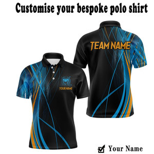 Polo de golf noir, bleu et orange à lignes abstraites, personnalisable avec nom et nom d'équipe, maillot de golf sportif tendance pour jeu de fléchettes - Product Image 2