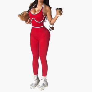 Women Red Solid Color Seamless <b>Bodysuit</b> Halter Deep <b>V</b> <b>Neck</b> Full Length Four-Way Stretch Gym Wear Set - Product Image 1