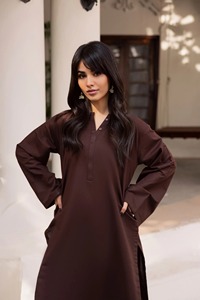 Brown Cotton <b>Kurta</b> Loose Fit Midi Length Modest Casual Party Wear <b>for</b> Women India Pakistan Style Wrinkle Free - Product Image 4