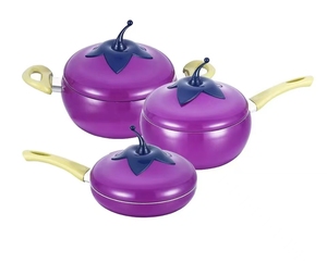 Ensemble de poêles antiadhésives en forme d'aubergine, diamètre 24 cm, avec couvercle, revêtement céramique, couleur violette, poignée en plastique - Product Image 2