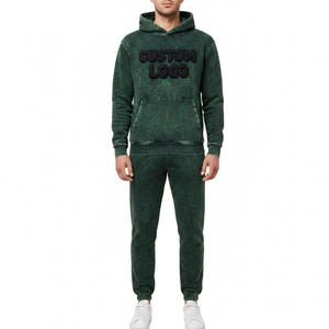 Custom Front Dark Green Acid Wash Breathable Eco-Friendly Casual Winter Hooded Heavyweight Fleece Puffy <b>Embroidery</b> Men Tracksuit - Product Image 1