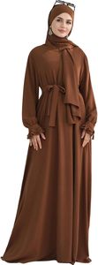 Women Brown <b>Abaya</b> Hijab Robe Long Sleeve Maxi Dress High Neck Solid Color Loose Fit Modest Daily Wear - Product Image 5