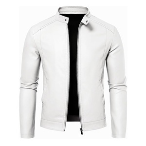 เสื้อแจ็คเก็ตบอมเบอร์หนัง PU ทรงเข้ารูปสำหรับผู้ชาย คอตั้ง ปิดด้วยซิป สีขาวล้วน ความยาวปกติ เหมาะสำหรับใส่ในฤดูใบไม้ร่วง - Product Image 1