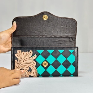 New Stylish Tooled Genuine Leather Floral <b>Checkered</b> Pattern Designed Leather Women Clutch <b>Top</b> Sale Personalized Wallet - Product Image 3