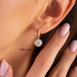 Pendientes Colgantes de Diamantes Redondos con Corte Brillante, Engastados en Bisel, Oro Sólido de 14K, Diamantes Naturales de Laboratorio, Regalo de Cumpleaños o Aniversario - Product Image 4