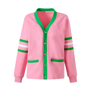 Pull d'hiver en acrylique tricoté contrastant rose et vert, unisexe, à manches longues, col rond, maille ouverte, anti-plis, doublure en laine, boutonnage frontal - Product Image 1