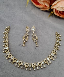 Antique <b>Gold</b> Plated Curved Link Oval Stone Studded AD Jewelry <b>Set</b> With Matching Earrings Sparkling American Diamond Jewelry <b>Sets</b> - Product Image 2