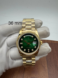 Montre vintage 36 mm en or jaune avec cadran vert, index diamantés, lunette cannelée, mouvement mécanique ETA de luxe 18 mm de haute qualité, style Hip Hop - Product Image 1