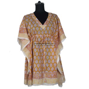 Hand Block Printed Cotton Kaftan Handmade Indian Abaya Kaftan KFCS028 Maxi Design with Short Sleeves XL Size Dubai Fashion Style - Product Image 3