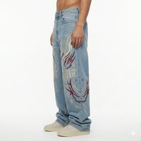Trend 13 Oz Taşlanmış Kot Pantolon Erkek Vintage Solmuş Ağır Sokak Giyim Tarzı İşlemeli Büyük Beden Bol Özel Düz Renk Baharlık