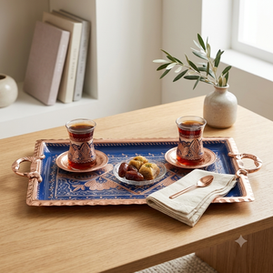 Plateau de service ovale en cuivre artisanal turc, design floral en émail bleu, plateau décoratif de luxe pour la maison, l'hôtel, la salle à manger - Product Image 2