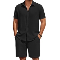 Ensemble deux pièces pour homme, chemise à manches courtes col V boutonnée et short, été, plage, tricot uni, décontracté, respirant, personnalisable