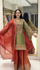 Womens Ethnic Wear Sharara Suit in Glass <b>Silk</b> <b>Fabric</b> with Stylish Kurta Flared Sharara Bottom for Special Occasions - Product Image 4