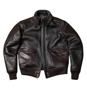 Blouson aviateur en cuir marron de qualité supérieure pour homme, style vintage, col en peau de mouton, design hiver et mode, fermeture éclair. - Product Image 1