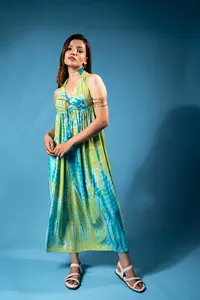 Bohemio hermoso Tie Dye verano Vintage colección para mujeres usan rayón sin espalda espagueti cuello en V Maxi vestido - Product Image 2