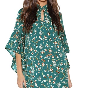 Vestido de Gasa con Estampado Floral y Mangas Murciélago, Estilo Bohemio Casual, Largo hasta la Pantorrilla, con Escote con Muescas, para Mujer, Verano - Product Image 1