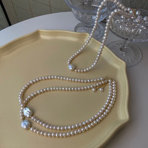 Collar de Perlas Barrocas Naturales con Textura Gris Avanzada, Cadena de Clavícula de Lujo Ligero con Baño de Oro de 14K para Mujer - Product Image 3