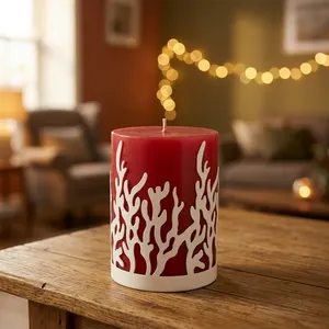 <b>Red</b> Cylinder Wax Votives <b>Candle</b> With White Coral Cutout Design For Home Decoration - Product Image 3