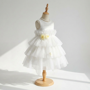 Vestido de Princesa de Organza Blanco con Capas, Flores Amarillas en la Cintura, Vestido de Dama de Honor para Boda, Fiesta de Cumpleaños, Venta al por Mayor - Product Image 3