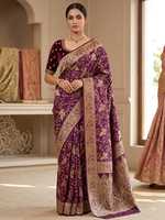 Koleksi ASHMITAS Saree Sutra Katan Banarasi Ungu Emas Pakaian Pernikahan Tradisional India Wanita Anti Kusut Cepat Kering