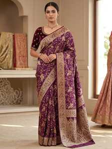 ASHMITAS COLLECTIONS Saree en soie Katan Banarasi violet, or, tenue de mariage indienne traditionnelle pour femme, sans plis, séchage rapide - Product Image 4