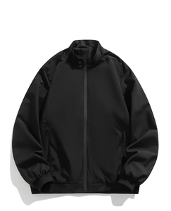 Men's Black Bomber Jacket Solid Color Zipper Closure Stand Collar Casual Windproof Polyester Autumn Wear - Product Image 1
