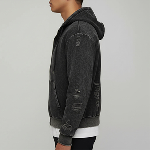 Men's Stonewashed Cotton <b>Zip</b>-Up <b>Hoodie</b> Oversized Streetwear Distressed <b>Pocket</b> Front Logo Custom Pattern 3D Embroidery - Product Image 5