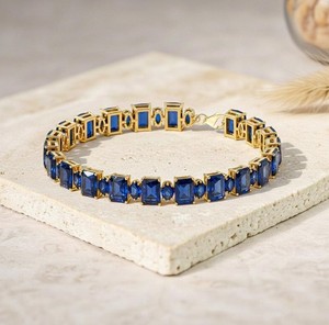 Radiant Cut Oval Cut Lab Grown Blue Sapphire Charm <b>Bracelet</b> 925 Sterling Silver Gold Plated Luxury Elegant Gemstone Jewelry - Product Image 5