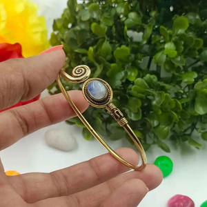 Rainbow <b>Moonstone</b> Spiral Brass Bangle-Handmade Adjustable Open Cuff <b>Bracelet</b> for Women-Artisan Boho Jewelry Gift Rhodium Plated - Product Image 1