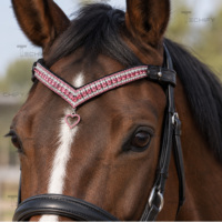 Luxe - Bandeau de tête de cheval en cuir en forme de V avec cristaux, double rangée de strass, breloque cœur, taille et couleur personnalisables MS