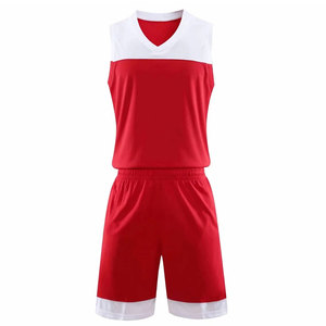 Ensemble de maillot de basket-ball personnalisé sublimé rouge et blanc, débardeur sans manches, short, col en V, polyester respirant, unisexe, adulte - Product Image 1