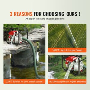Bomba de agua a gasolina de 7HP, 2 pulgadas, 142 GPM, elevación de 148 pies, succión de 22 pies, motor de gasolina de 4 tiempos para agua sucia, mangueras de jardín y carretes. - Product Image 3