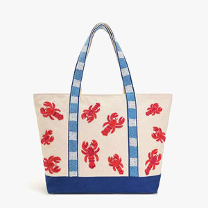 Bolso de mano de lona de algodón con bordado de langosta hecho a mano, bolso de hombro de moda, bolsa de compras reutilizable, bolsa de viaje para la playa, bolsa para llevar compras - Product Image 1