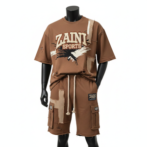 Ensemble t-shirt et short en coton surdimensionné pour homme, 260 GSM, tons terre, empiècements, logo imprimé sur mesure - Product Image 6