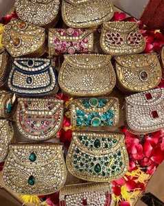 Plated Gold Embroidered <b>Clutch</b> <b>Bag</b> with <b>Green</b> Beads Kundan Stones Antique Imitation Ethnic Gifts <b>for</b> <b>Wedding</b> Party Uttar Pradesh - Product Image 1
