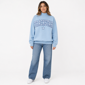 เสื้อสเวตเชิ้ต Trackstar สีฟ้าพาสเทล รุ่น Varsity สำหรับผู้หญิง ทรงหลวม คอเต่า ผ้าฟลีซ สกรีนโลโก้ได้ รุ่น TSI-MN-005 - Product Image 1