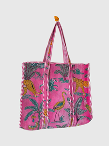 Pink <b>Corduroy</b> Tote <b>Bag</b> With Leopard And Bird Pattern Bohemian Style Open Top For Shopping All Seasons - Product Image 2