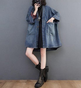 Womens Oversized Denim Cardigan <b>Jacket</b> V Neck Loose Button Wide Sleeve Large Pockets Faded Blue Quick-Drying Breathable - Product Image 4